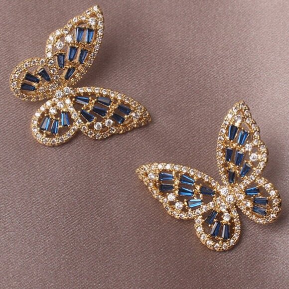 Zircon Butterfly Stud Earrings Blue and Gold - Picture 1 of 2